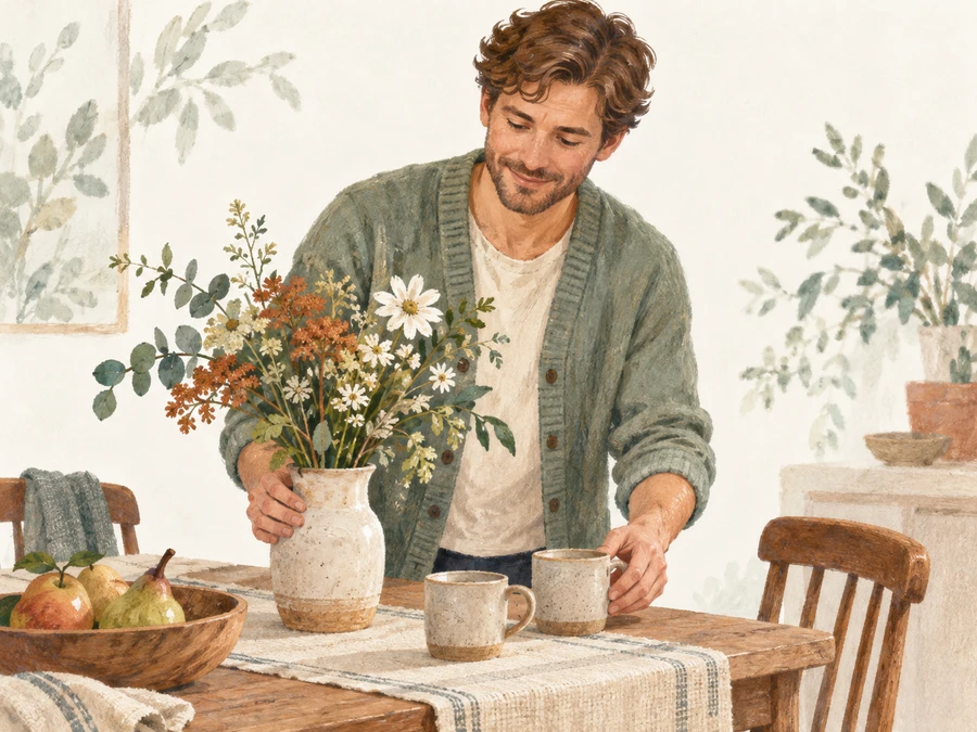 A man setting flowers and cups on a welcoming table.