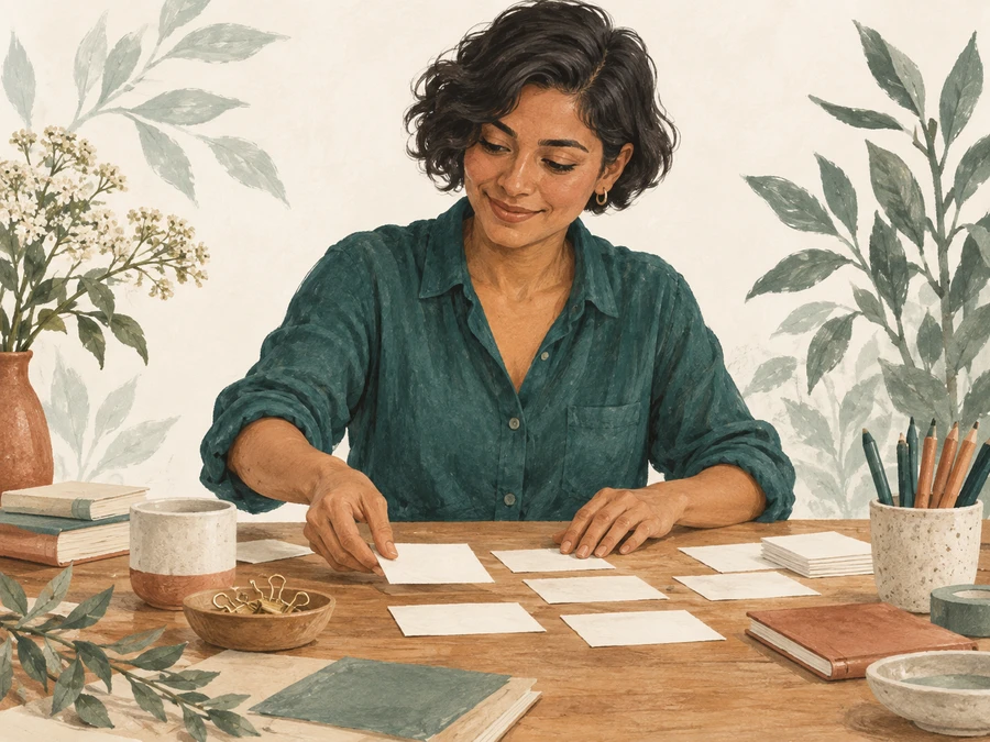 A woman arranging materials on a table for a shared workshop.