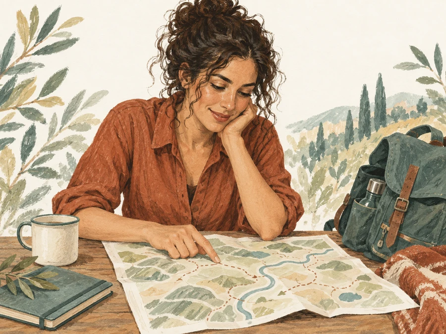 A woman exploring a map beside a small backpack.