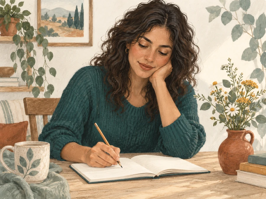 A woman writing at a table beside a small vase of wildflowers.