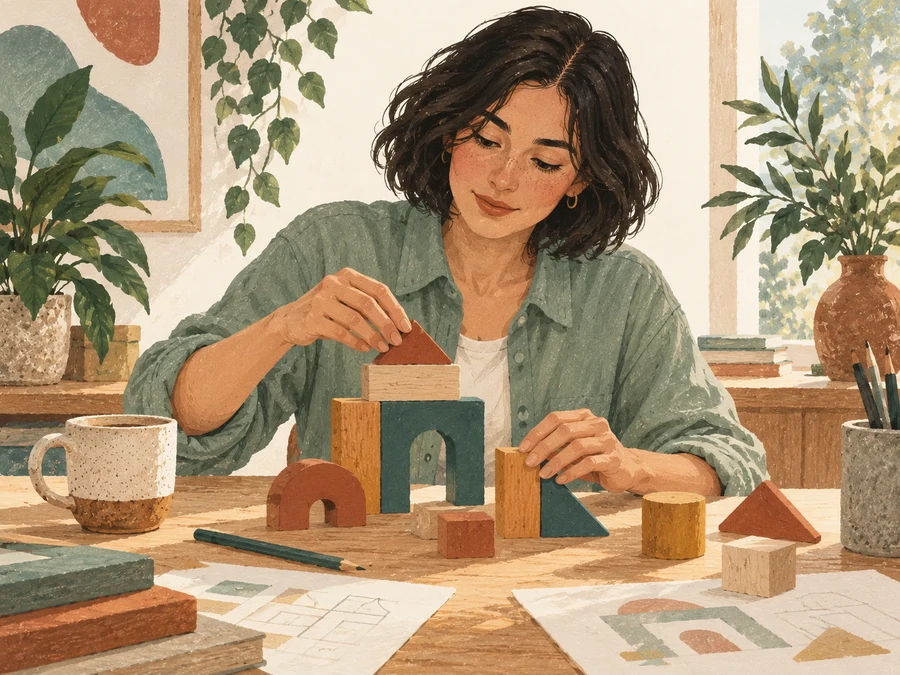 A woman thoughtfully arranging small wooden architectural shapes at a desk.
