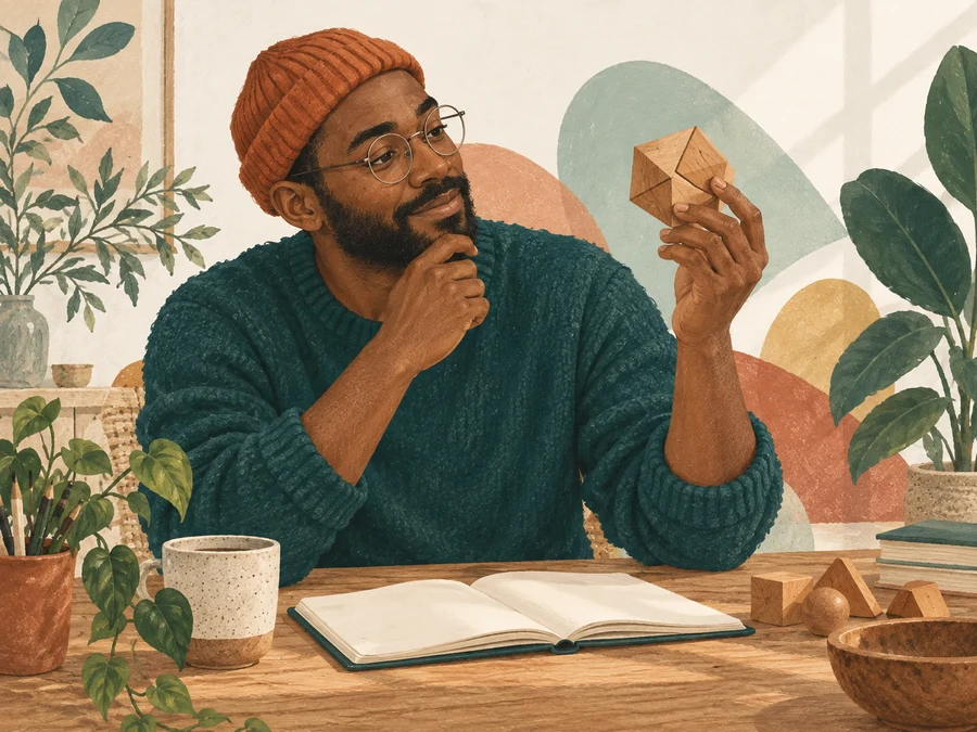 A man with glasses studying a wooden geometric model beside an open notebook.