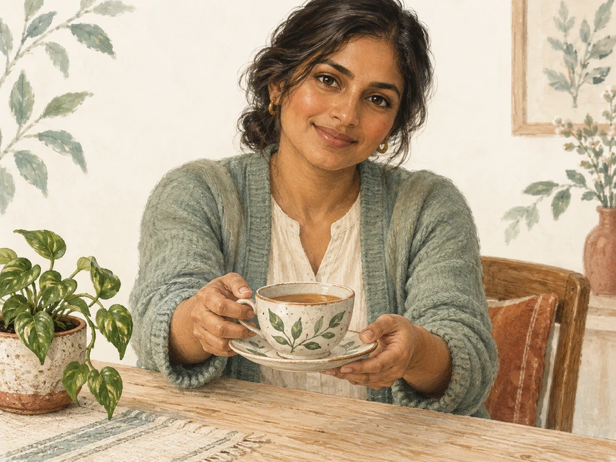 A woman offering a ceramic cup of tea beside a green plant.