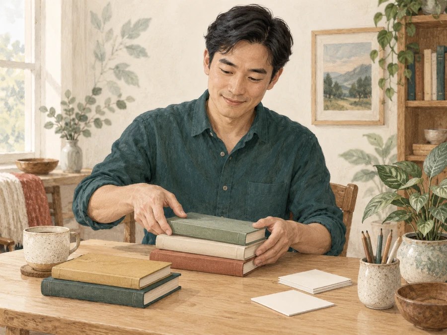 A man thoughtfully arranging books and blank notes on a desk.