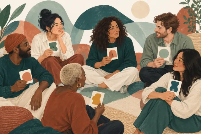 Six illustrated adults hold cards with abstract colored shapes while seated in a circle, with plants in the background.